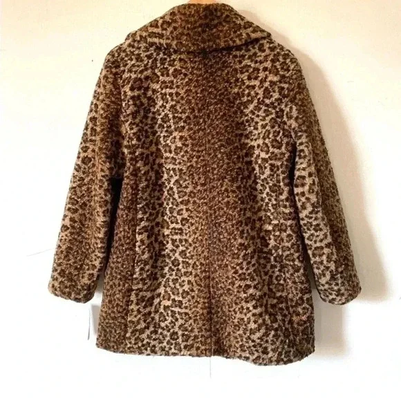 Bernardo Leopard Print Faux Fur Coat Teddy Jacket Oversized Pea Coat Womens - Picture 5 of 10